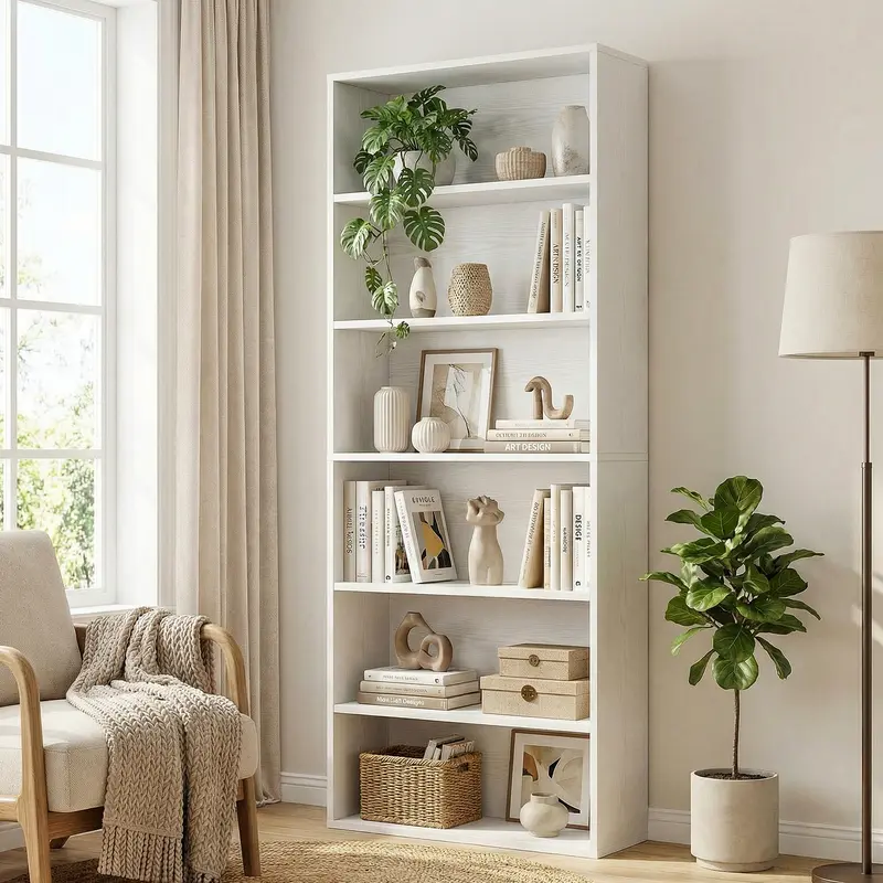 71″ Tall 5-Shelf Wood Bookcase – Adjustable Framed Storage Shelving, White Finish