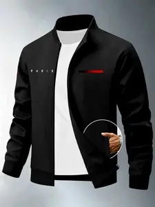Men's Lightweight Structured Polyester Jacket, Versatile Paris Gradient Print, Fitted Style, Casual Outerwear for Fall & Winter, Business & Daily Wear