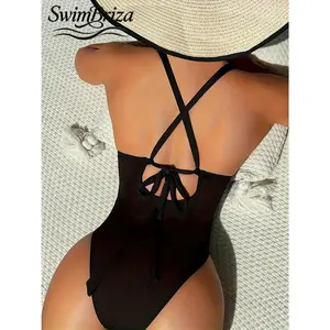 Briza｜Women's Ribbed One-Piece Swimsuit Black Halter Plunge Neck Cutout Front Crisscross Back Tie High Leg Bathing Suit for Beach Pool Vacation