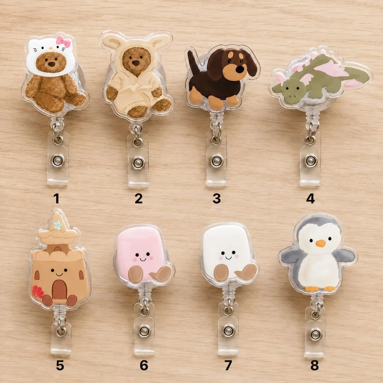 Cute Animal Teddy Bear Dachshund Penguin Marshmallow Dragon Acrylic Retractable Badge Reel ID Holder Nurse Teacher RN Clip