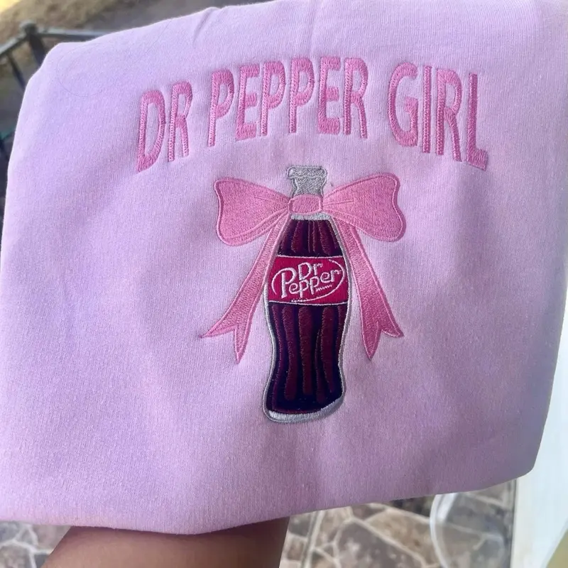Dr Pepper Girl Bow Sweatshirt - Pink Embroidered Logo & Bow Design for Women