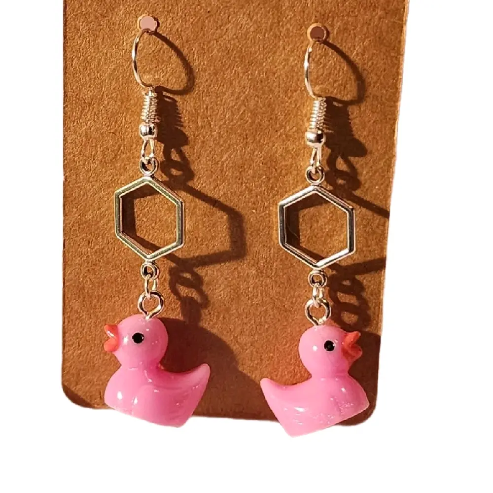 Handmade Pink Rubber Ducky Unisex Earrings with Silver Hooks Adorable Accessory for Everyday & Special Occasions