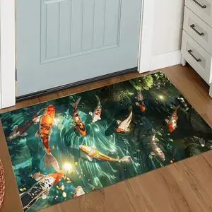 Lucky Koi Fish Border Flannel Door Mat – Vibrant, lifelike koi pond print for a calming, auspicious vibe, non-slip indoor/outdoor mat ideal for entryways and nature lovers, Animal Print Rug, Home Decorative Rugs