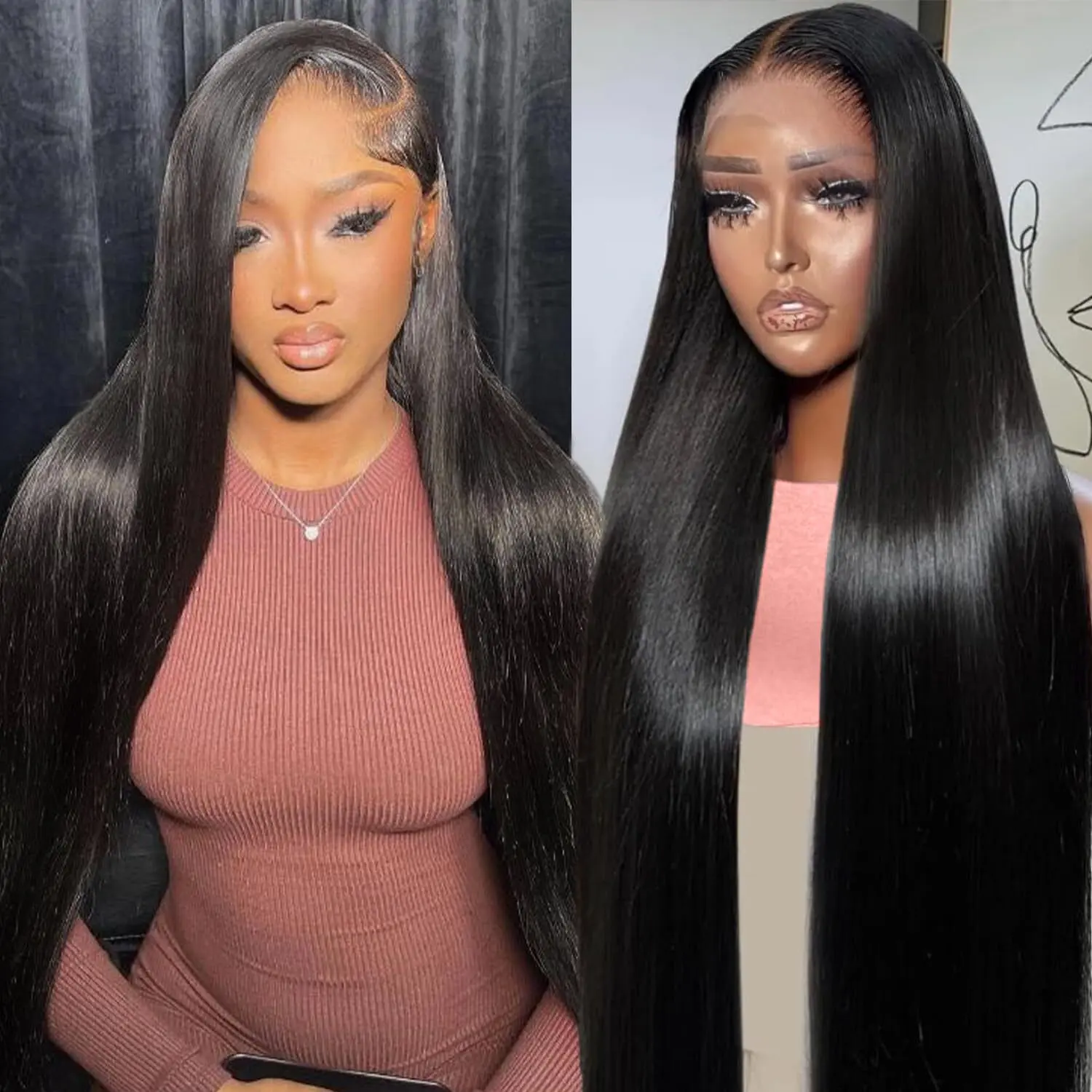 SHUQISH 28inch Straight Lace Front Wigs Human Hair 13x4 HD Transparent Pre Plucked 200 Density Natural Black Wig for Women Party Daily Styles