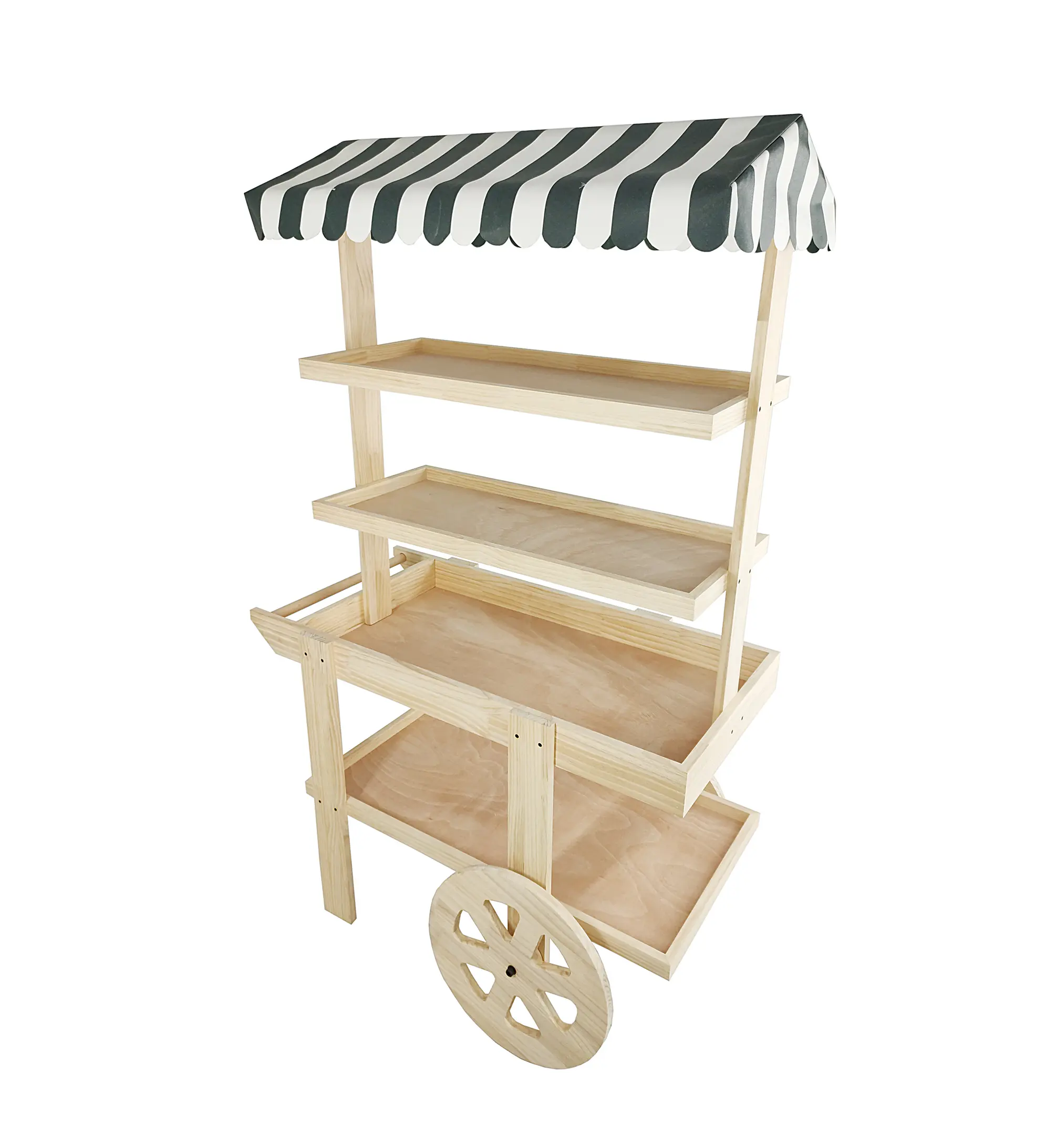 FixtureDisplays® Flower Cart Vending Cart Farmers Market County Fair Wagon Wood Stall Stand Rolling Shelf Retail Booth Kiosk  42.0" Long x 68" Tall x 25.0" Wide, with Awning 19402+18616-NF