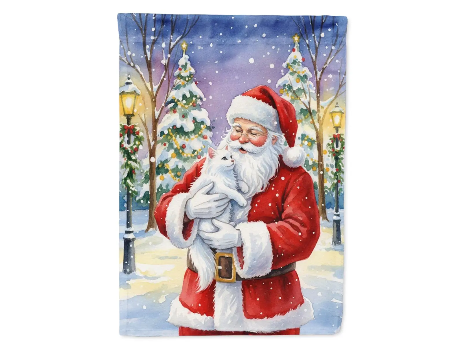 Carolines Treasures FNT1162CHF 40x28 in. Christmas House Flag, White Cat with Santa Claus Print Artwork, Festive Home Decor Gift
