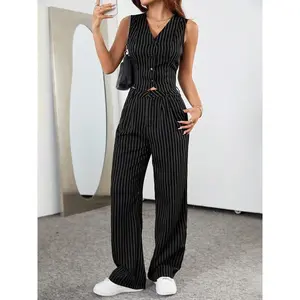 Women's Striped Print Button Front Vest Blazer & Pants Two-piece Set, Elegant Fashion Casual Outfits for Work Office Business, Ladies Summer Clothes