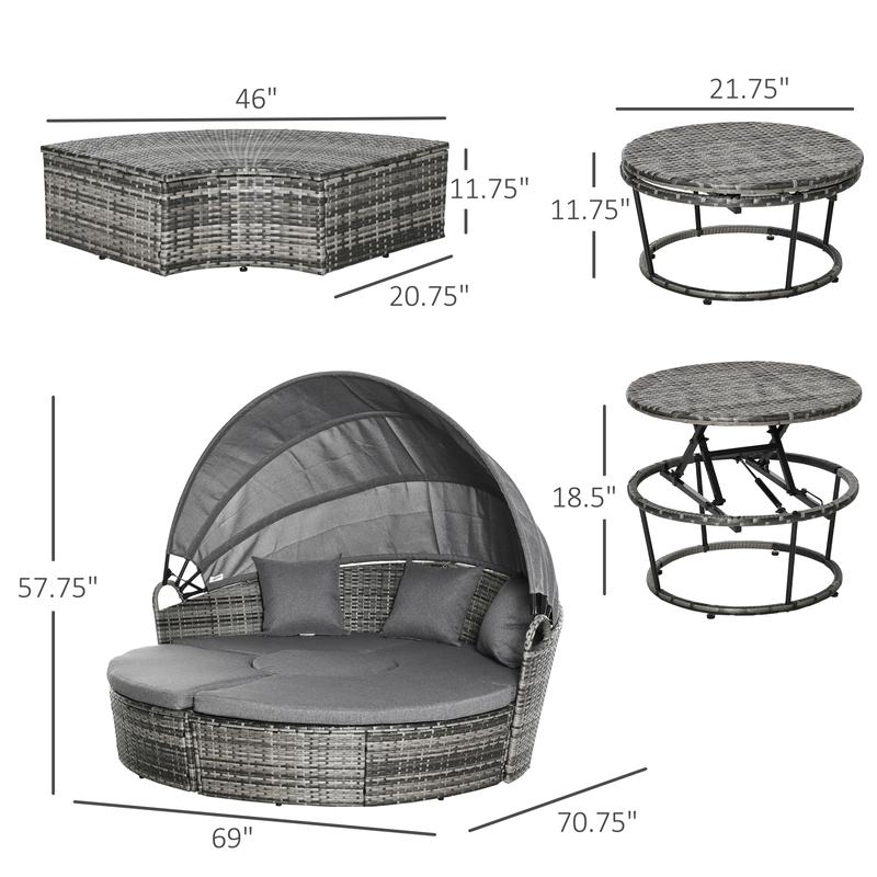 4 Piece Round Rattan Daybed Convertible Patio Furniture Set with Adjustable Sun Canopy Sectional Outdoor Sofa 2 Chairs Extending Tea Table Ottoman Chair 3 Pillows Gray