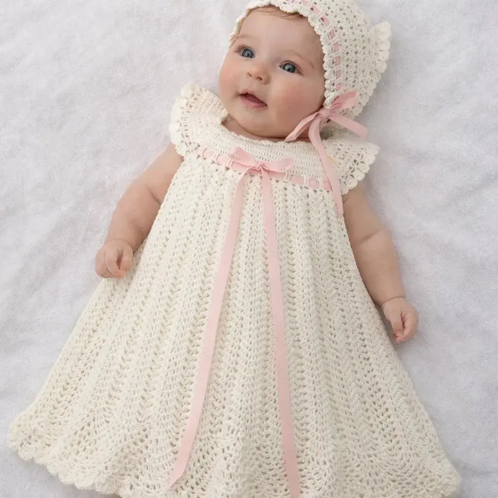 Handmade Crochet Christening Gown & Bonnet Set – White Heirloom Baptism Outfit for Baby Girl