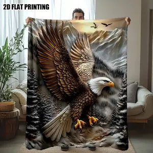 1pc Versatile Majestic Eagle Over Mountains Printed Flannel Blanket Shawl – Ultra-Soft and Skin-Friendly, Perfect for Nap, Travel, or Sofa Lounging – Great for All Seasons