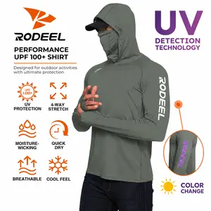 【RODEEL】936 Sun Hoodie Shirts w/ UV Detection Logo Mask Neck Gaiter Thumbhole Men UPF 100+ Sun Protection Long Sleeve Lightweight Quick Dry Moisture Wicking Breathable Cooling Athletic Activewear for Outdoor Fishing Boating Framing Roofing summervibes