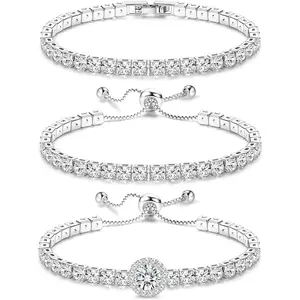YADOCA Tennis Bracelets For Women - Silver Plated Bracelet Stack Cubic Zirconia CZ Diamond Adjustable Stackable Bracelets Set For Prom Wedding Jewelry Gift 3Pcs