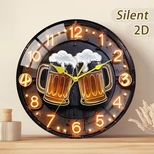 Minimalist Modern Glass Wood Wall Clock, Neon Light, Battery Driven, Round Shape, 20-35cm, Home Decor, Gift Choice, Decoration Items