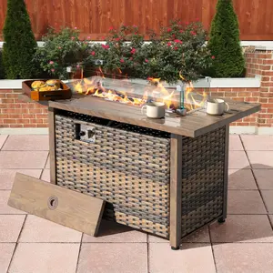 43" Propane Gas Fire Pit with Glass Wind Guard, Rattan Outdoor Fire Pit Table 50,000 BTU Smokeless Gas Fire Pit with Lid and Glass Beads, All-Metal Frame Patio Fire Pit Table for Outside Patio Backyard Garden, Brown