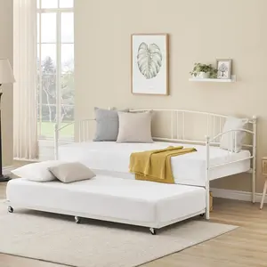 Space-Saving Metal Daybed with Pull-Out Trundle – Twin Size, Sturdy Steel Slat Support, Arched Headboard, Easy Assembly, Ideal for Kids, Teens & Adults, Living Room or Guest Room, White, Twin