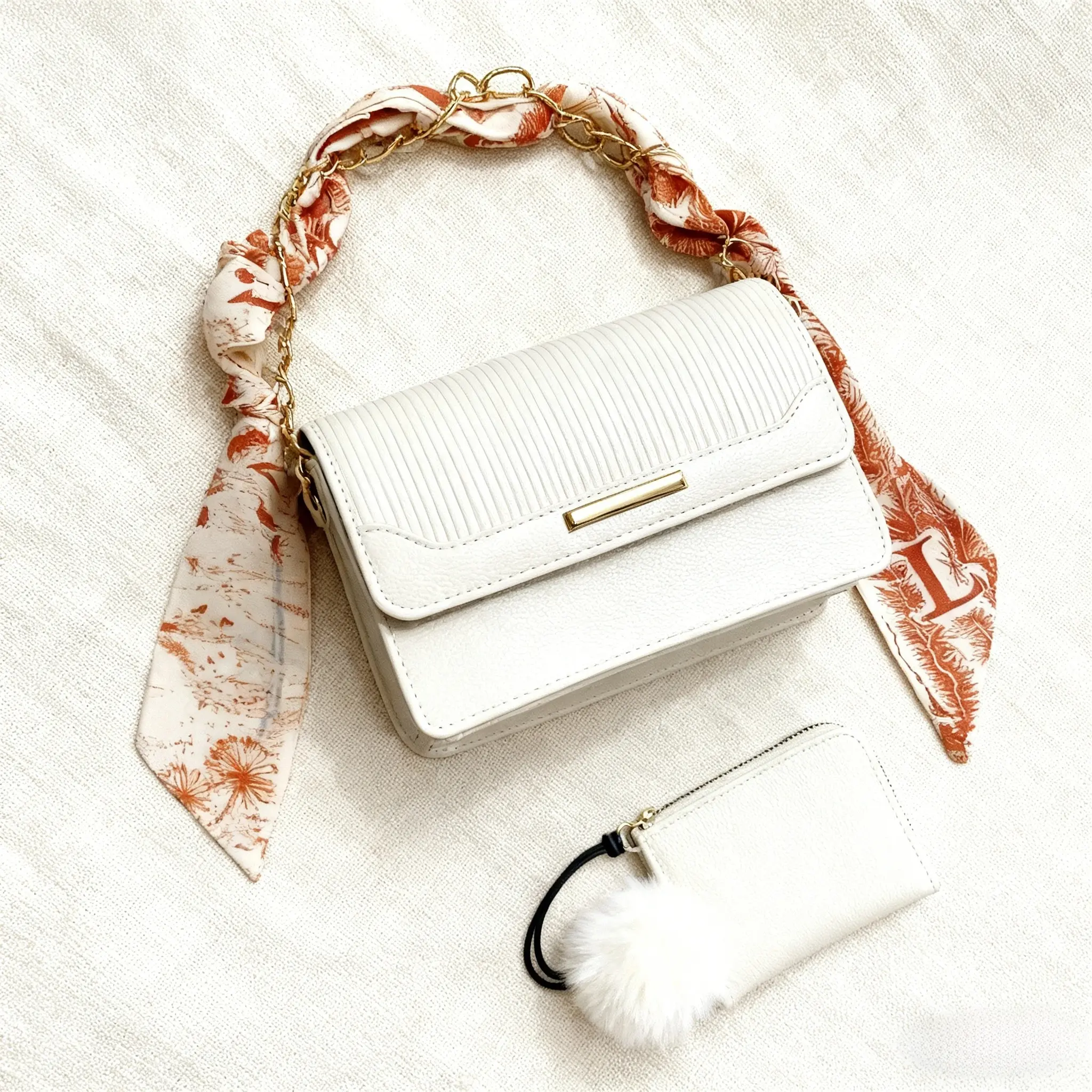 Women's 2-in-1 PU Handbag & Wallet Set - White Fashion Ribbed Crossbody Bag with Scarf-Wrapped Chain Strap, Bonus Shoulder Strap Included, Stylish Metal Clasp Purse for Daily/Party Use