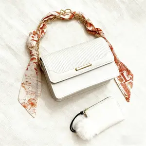 Women's 2-in-1 PU Handbag & Wallet Set - White Fashion Ribbed Crossbody Bag with Scarf-Wrapped Chain Strap, Bonus Shoulder Strap Included, Stylish Metal Clasp Purse for Daily/Party Use