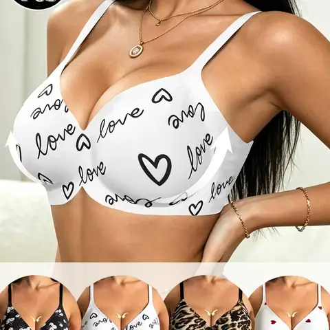 Women's 4-Pcs Seamless Wireless Everyday Bras (Size S) - V-Neck, Anti-Sagging Shaping, Removable Pads, Adjustable Thin Straps, Buttery Smooth Touch Fabric, Leopard Print, Full Coverage, Breathable, Non-Slip, Hand Wash for Chic Retro Looks
