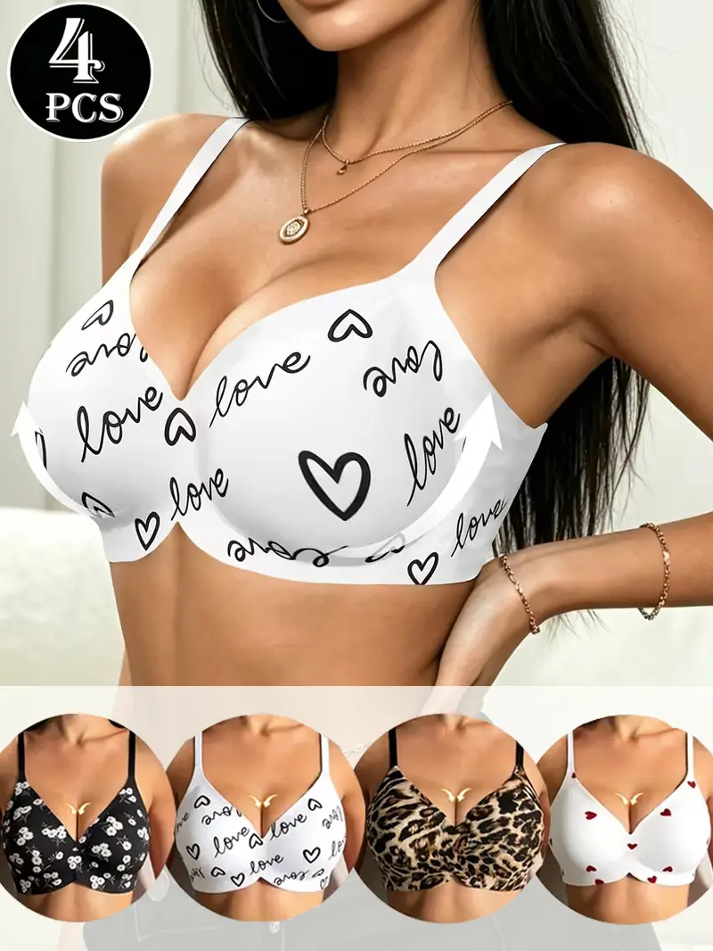 4Pcs Women Wireless Seamless Jelly Gel Printed Bras, V Neck Anti-Sagging Shaping Bra, Removable Padded Cups Adjustable Thin Straps, Buttery Soft Breathable Non-Slip Comfort Bralette, Leopard Floral Heart Print, Wire-Free Full Coverage Sports Bra