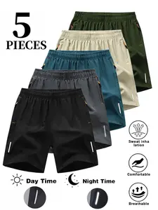 Men's 5-Pack Quick-Dry Gym Shorts, Slim Fit Breathable Solid Color with Zip Pockets, Drawstring Waist, Multiple Sizes, Gym & Outdoor Wear