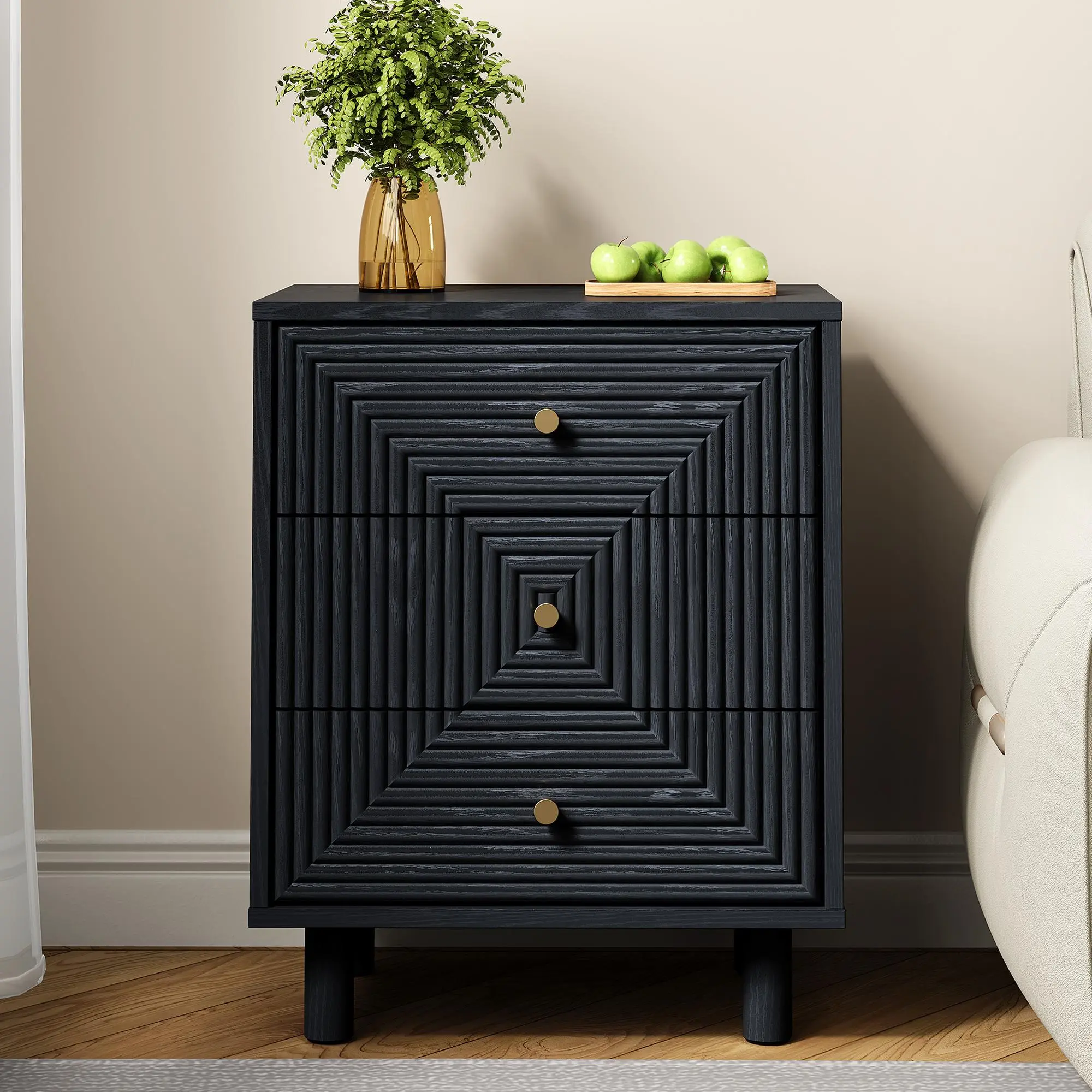 RoyalCraft L Black 3-Drawer Nightstand - Modern Furniture with Solid Wood Legs, Dresser Organization Solution, Small Storage Side Table for Bedroom, Living Room