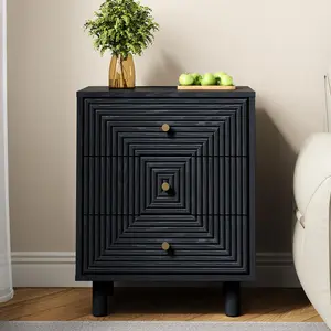RoyalCraft L Black 3 Drawer Nightstand, Small Dresser with Solid Wood Legs, Wooden Storage Night Stand Side Table, Modern Chest of Drawers Organizer for Bedroom, Living Room, Entryway