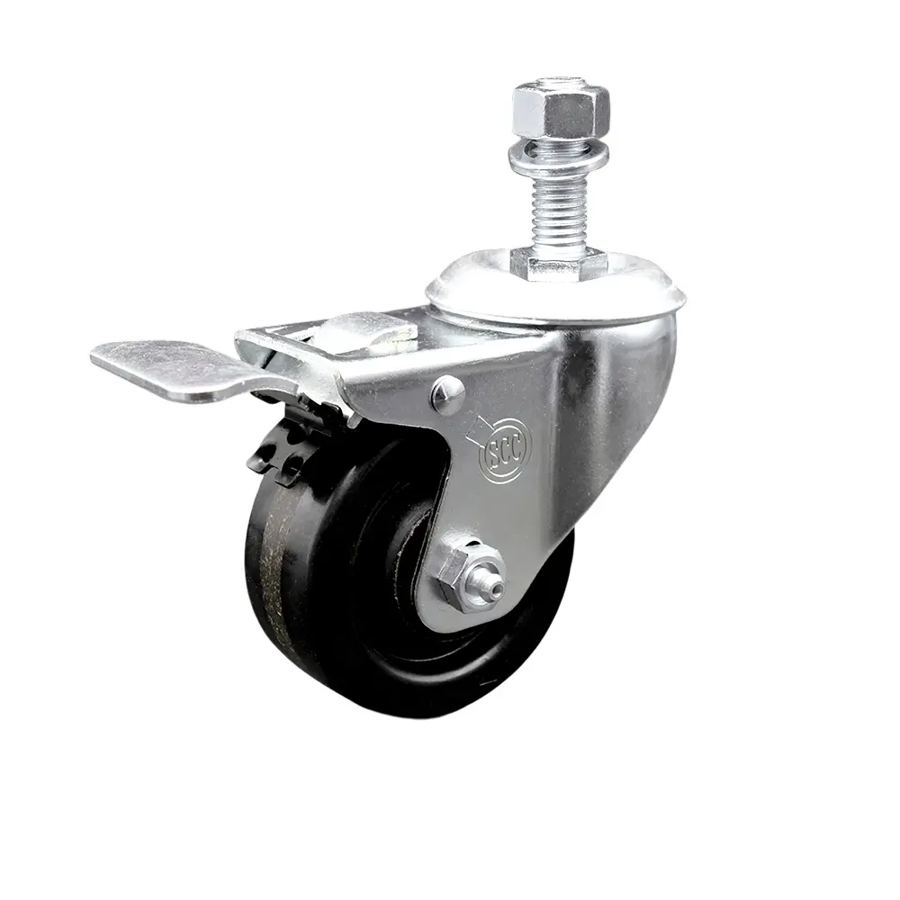 Service Caster SCC-SSTSTTL20S3514-PHS-M1215 Industrial Metal Stainless Steel Phenolic Swivel Threaded Stem Caster, 3.5x1.25 in. Black Wheel, 12 mm Stem, Total Locking Brake, 300 lbs Capacity, High Resistance to Impact, for Commercial Carts & Equipment, 3.