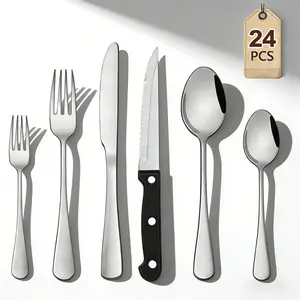 24-Piece Black Stainless Steel Cutlery Set with Steak Knives Black Stainless Steel Flatware Set for 4 Food Grade Tableware Cutlery Set Rust-proof, Mirror Polished, Dishwasher Safe