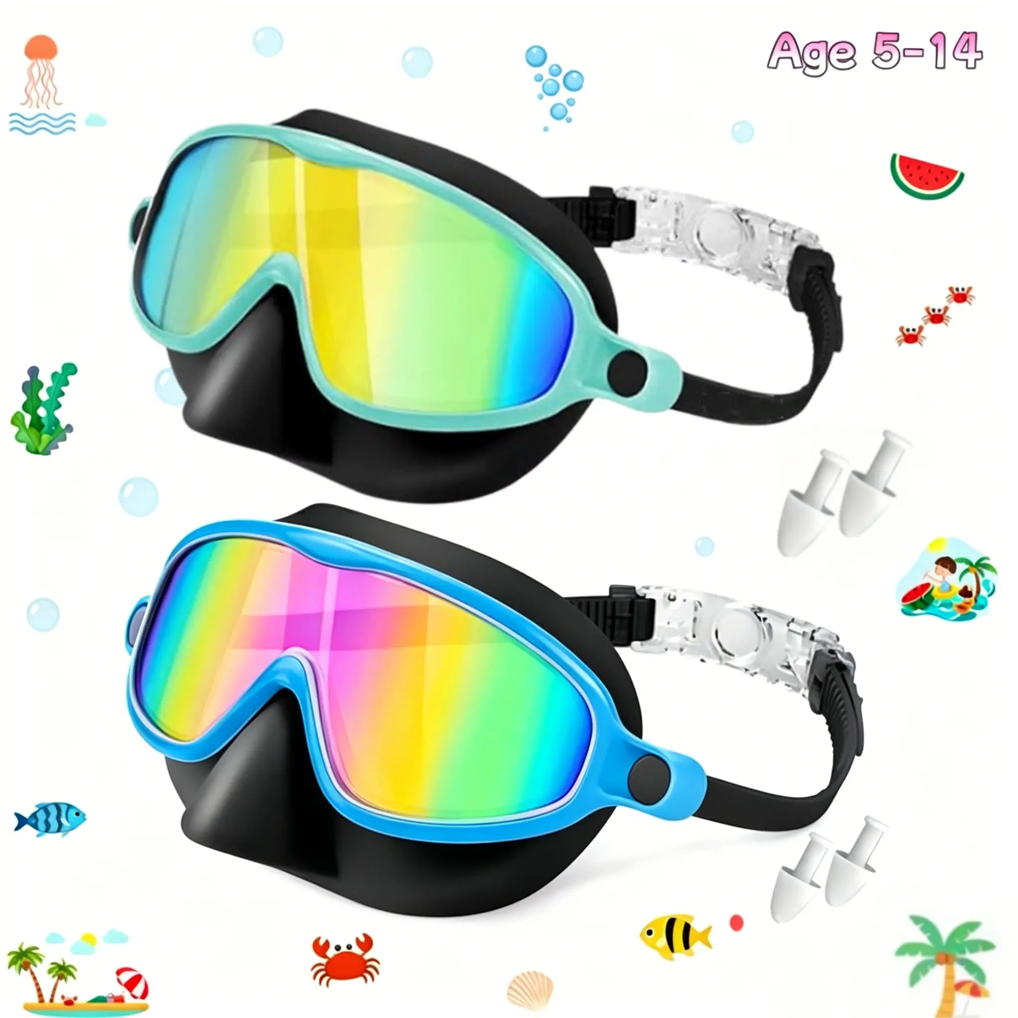 Kids' Snorkeling Mask with Nose Cover，Swim Goggles, Pool Goggles, 2-Pack Kids Swim Goggles with Nose Clip, Snorkeling Gear, Wide-Angle Anti-Fog UV Protection, Durable Lens, Suitable for Ages 5-14, Perfect for Swimming, Water Goggles, Swim Goggles Set