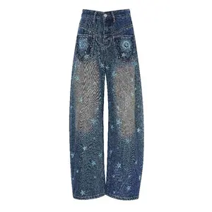 TCH Blue Jeans Starry Sky Rhinestone Women's Fashionable Wide Leg Denim Trousers
