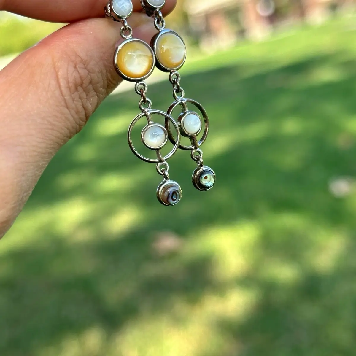 Natural Gemstone Dangle Earrings with Abalone Shells and Sterling Silver
