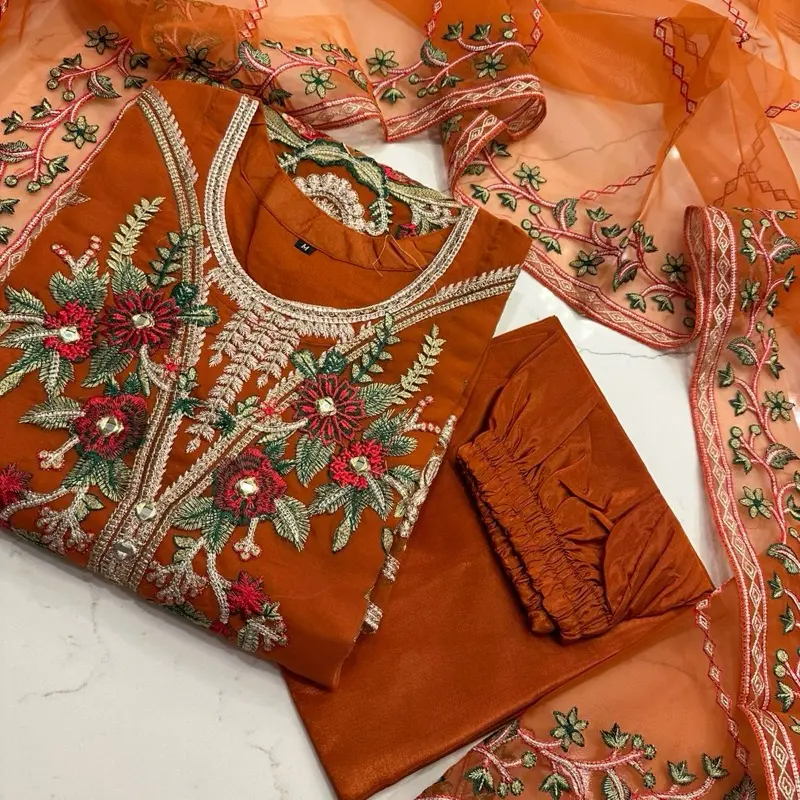 Traditional Pakistani Kurta Set for Women with Floral Embroidery, Comfortable Ruched Tunic in Vibrant Orange for Casual Elegance, Clothes, Style