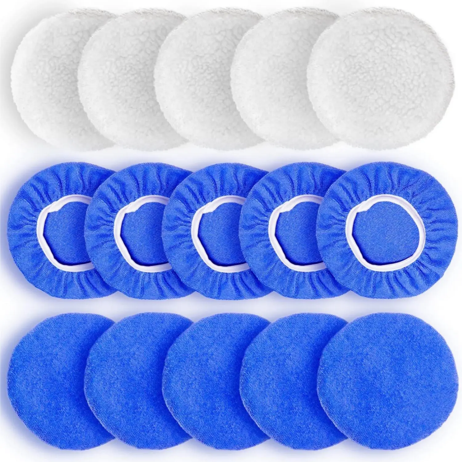 15Pcs 5-6in Car Orbital Buffer Polisher Bonnets (10*Microfiber+5*Woollen) - Blue Microfiber Wax Pads, White Woollen Fleece Polishing Pads with Elastic Band for Smooth Waxing, Less Scratch, Surface Polish, Dust Adsorbs - Home Improvement Supplies