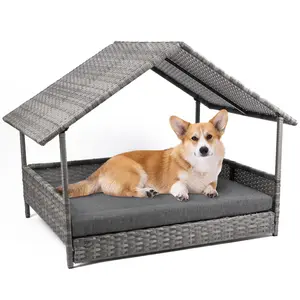 Outdoor Rattan Dog Bed with Shade Canopy & 2.2" Thick Foam Cushion, Elevated Pet House for Backyard Patio, Hand-Woven Weatherproof Wicker Crate for Medium Large Dogs Cats, Indoor & Outdoor Use ,Summerwins