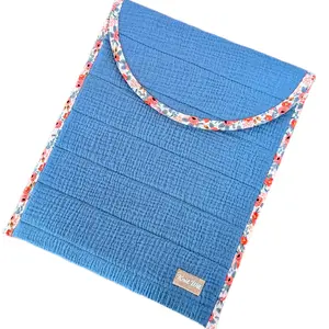 Knit Wit Gauze & Gingham Laptop Sleeve - Blue with Floral Trim - Soft & Durable - Perfect for Travel & Daily Use Quilted Case