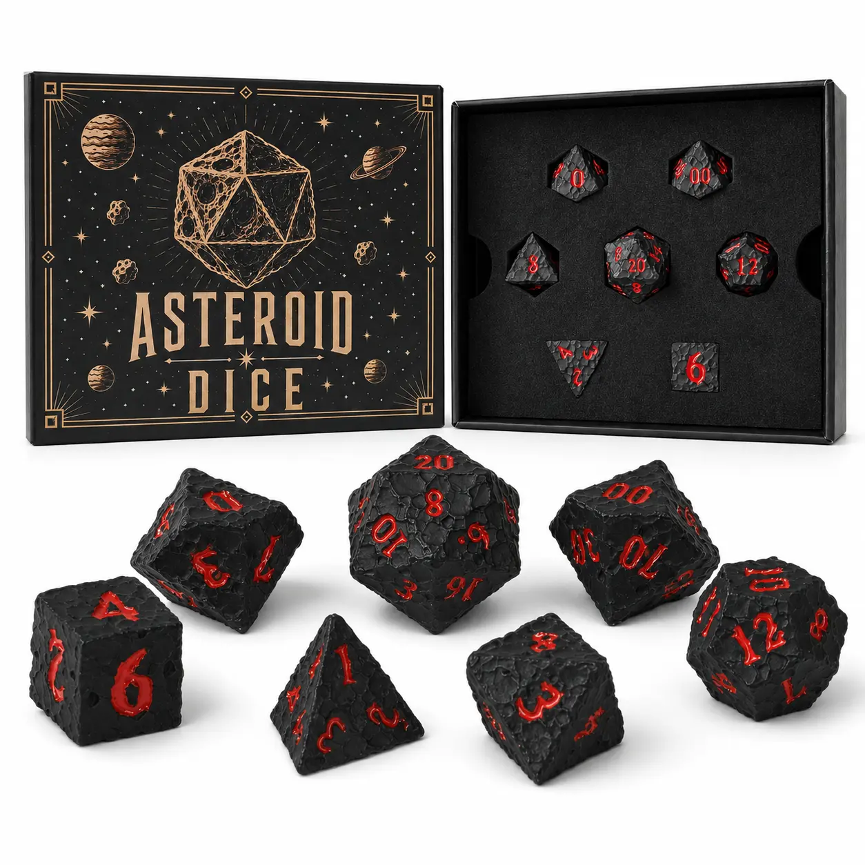 SVOPES Meteor Look Durable 7-Piece Zinc Alloy Polyhedron Metal Dice Set - Heavy Weight for DND, Sci-Fi Tabletop Roleplaying Games (14+ Yrs) with Collector Box
