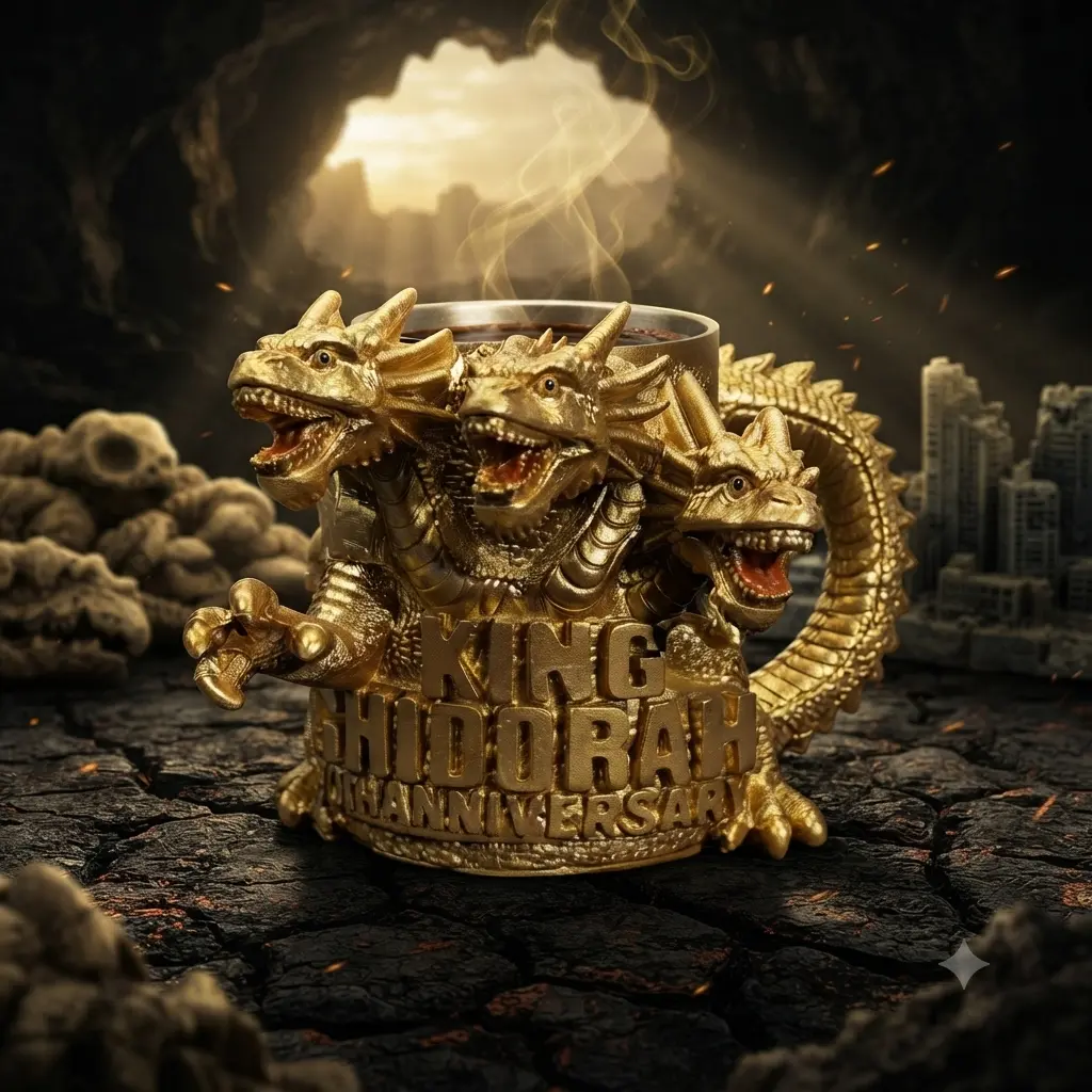 Premium King Ghidorah Themed Coffee Mug, Detailed Gold 3D Monster Tankard, Special 70th Anniversary Collectible, Unique Sci-Fi Gift,Stainless steel inner liner