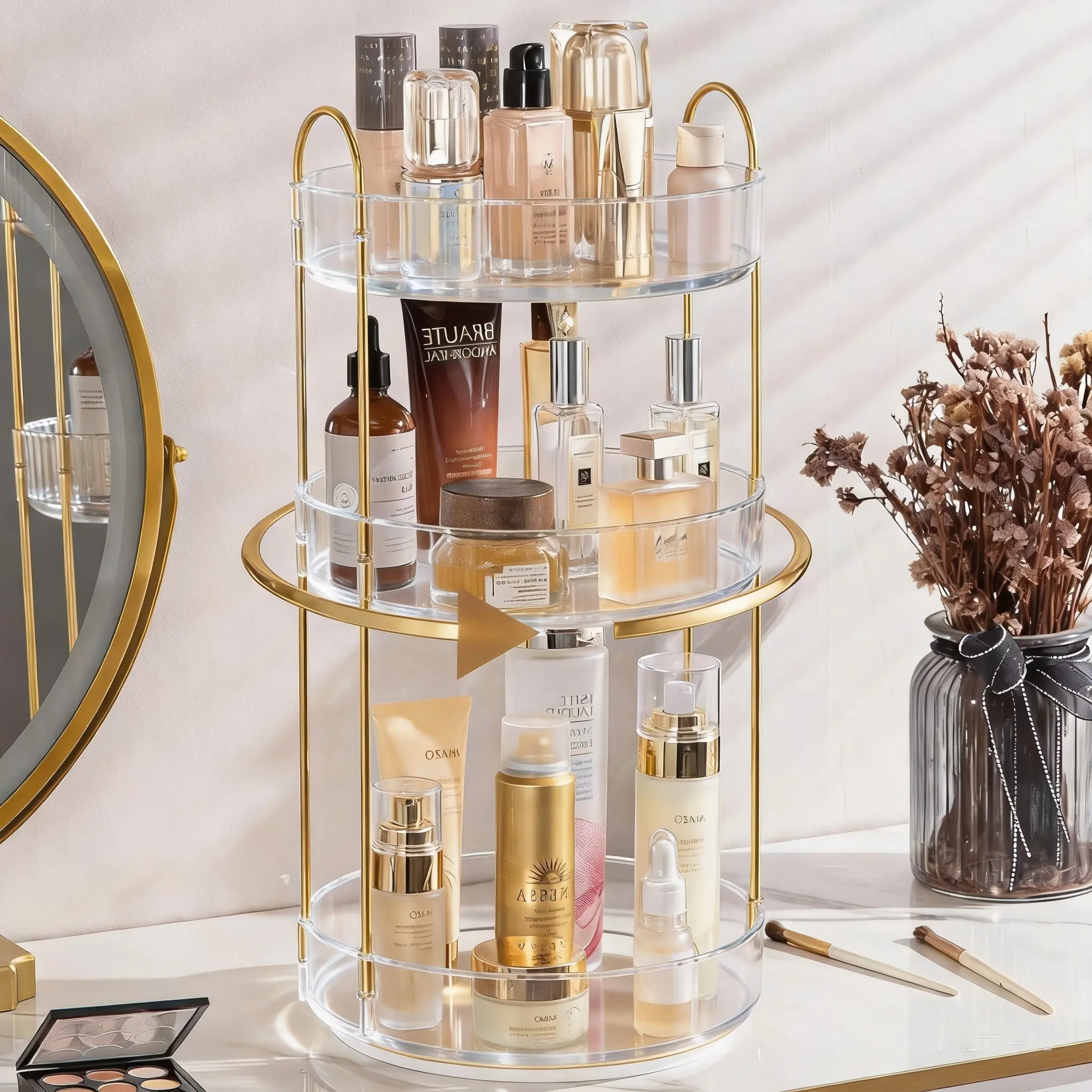 3-Tier 360° Rotating Makeup Organizer, Clear SpinningPerfume Cosmetic Storage for Vanity Countertop, SturdyMetal Pole Skincare Holder Stand for Bathroom Dresser multifuncional organizador