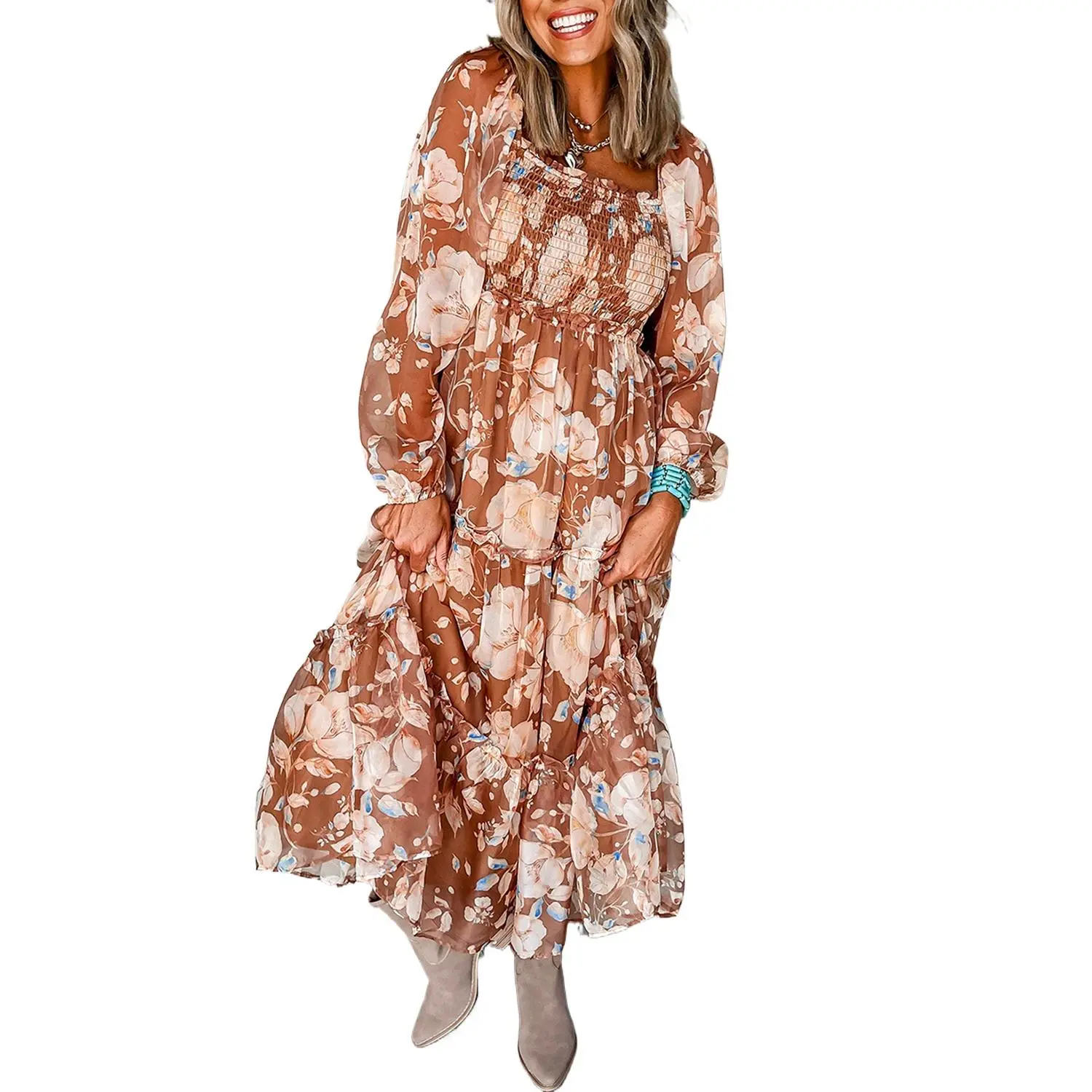 Women's Elegant Bohemian Floral Print Longsleeves Maxi Dress - Southern Belle Style, Shirred Bodice, Tiered, Square Neck, High-Waisted A-Line Fit, (US 4-6)s, Wedding & Fall Casual Daily Wear