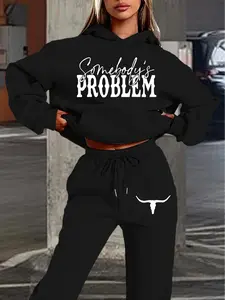 Hoodie Sweatshirt Set, Long Sleeve, Fall Winter Trendy Bull Skull Print, Cool Rebel Style, Loose Fit, Daily Wear, Womenswear Casual, Clothes