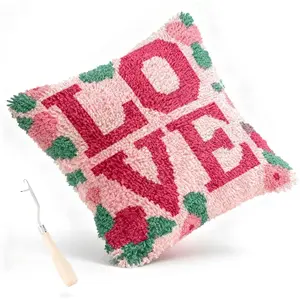 Pre-Printed Love Latch Hook Pillow Kits for Adults Beginners, DIY Latch Hook Kits Includes Wooden Hook to Make 17x17 Inch Home Sofa Decoration DIY Gift for Mom