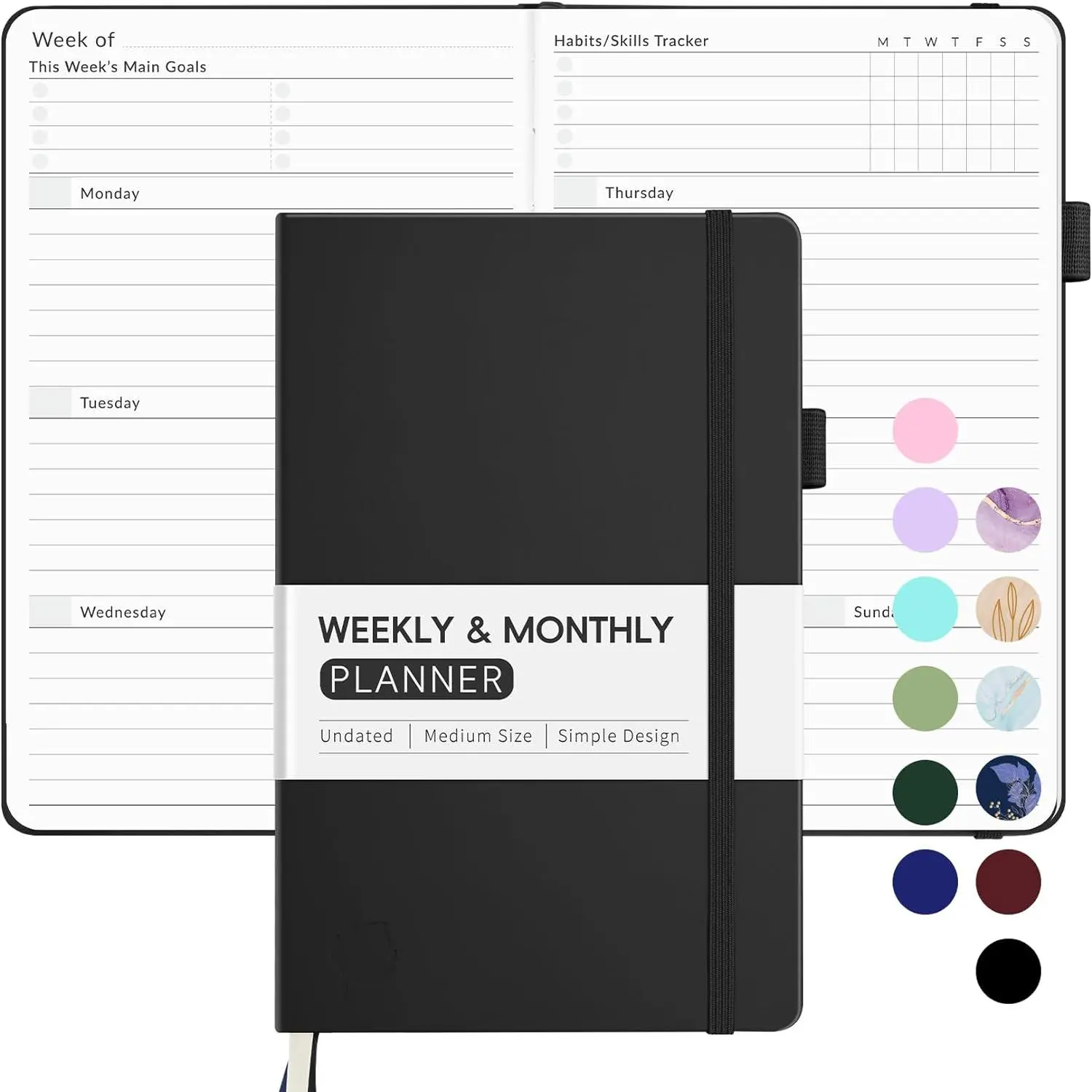 Undated Weekly Planner for 2025,  Simplified Weekly & Monthly Calendar Planner, Cute Daily Organizer Notebook, Agenda Journal to Track Goals & Tasks, Start Anytime, A5 Size, Black