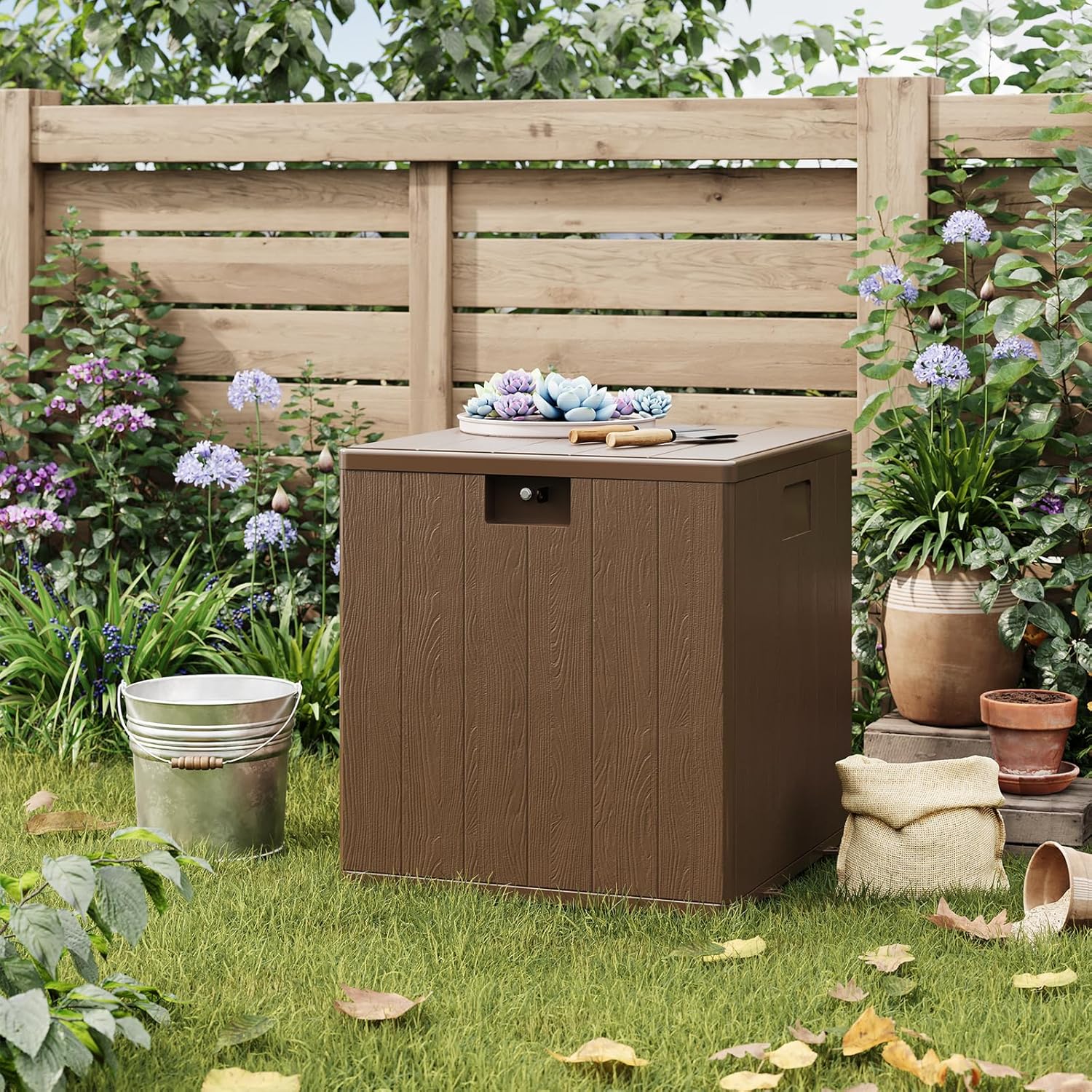 28 Gallon Deck Box, Waterproof Outdoor Storage Box with Lockable Lid, Heavy-Duty Resin Patio Furniture Cushion Storage Container for Garden, Backyard and Poolside