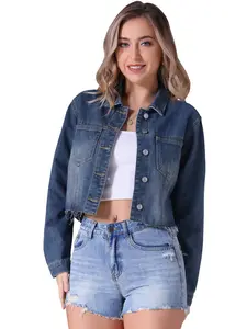 INSPIRE CHIC Women's Crop Jean Jackets Button Down Casual Lightweight Wash Frayed Denim Jacket