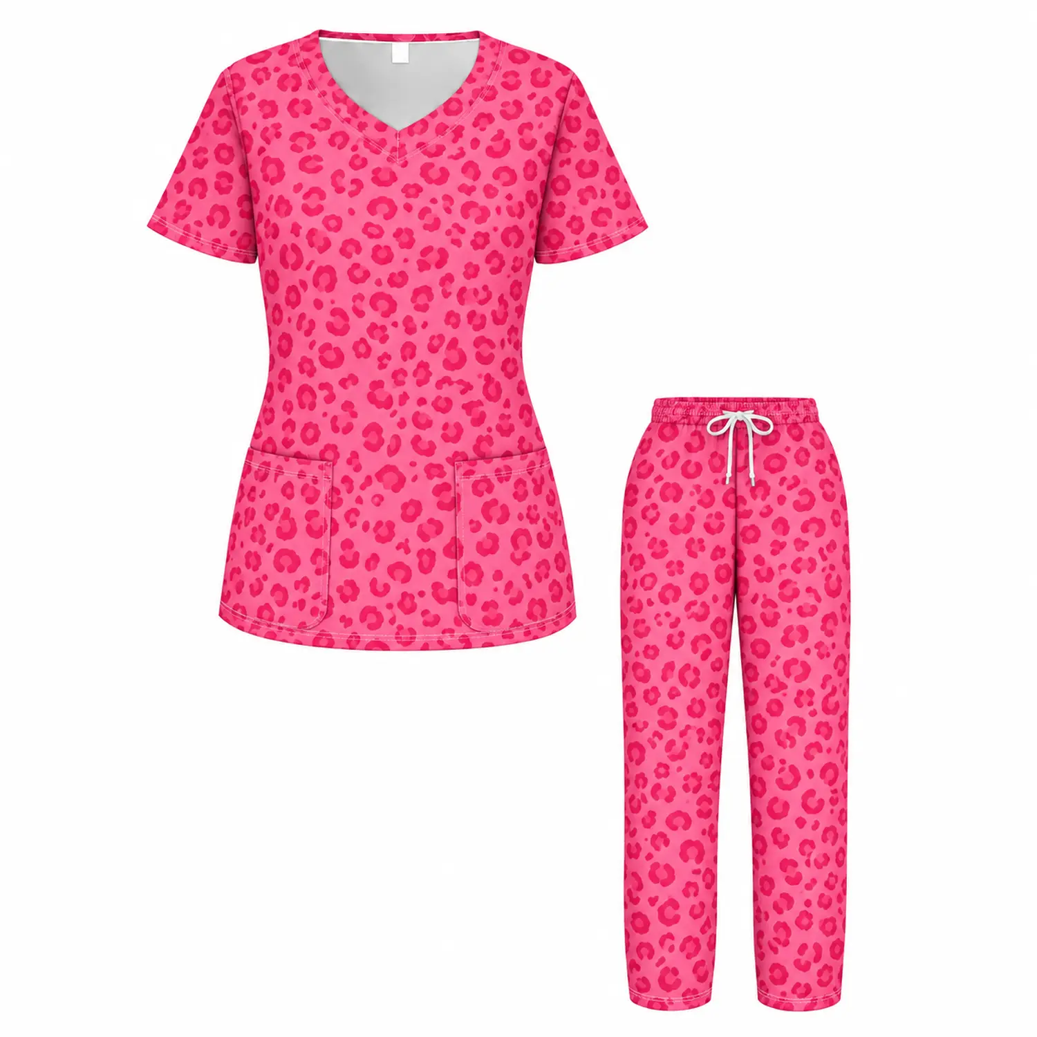 Women's Two-Piece Scrub Set, V-Neck Short Sleeve Medical Uniform with Hot Pink Leopard Print