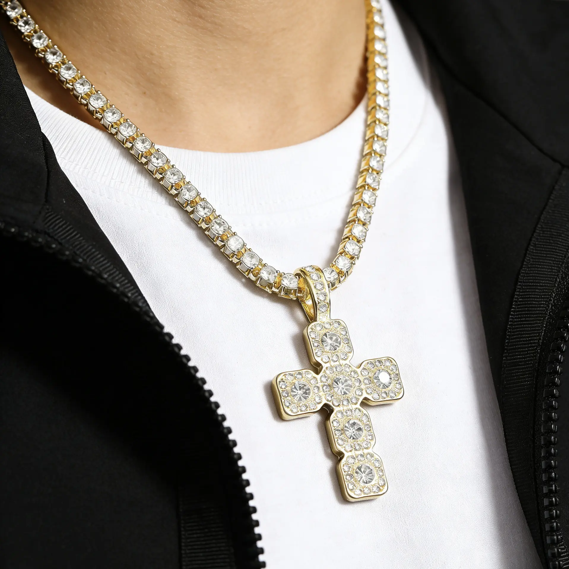 Cross Pendant Necklace, , Punk Style Cubic Zirconia Accessory with Stainless Steel Twisted Tennis And Rope Chain, Iced Sparkling Statement Ornament Suitable for Daily Wear And Gifting for Men, Women And Husband Cross Pendant Necklace, , Punk Style Cubic Zirconia Accessory with Stainless Steel Twisted Tennis And Rope Chain, Iced Sparkling Statement Ornament Suitable for Daily Wear And Gifting for Men, Women And Husband