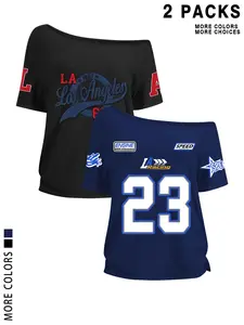 2026 2 Pack/1 Pack Women's Off Shoulder Graphic Tees, LA Racing & Los Angeles Print Short Sleeve Tops, Y2K Vintage Varsity Aesthetic T-Shirts, Teen Girl Clothing, Going Out, Streetwear, Game Day, Vacation, Daily Wear, Casual