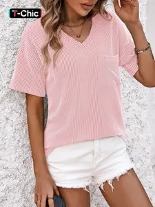 Women's Striped Print Ribbed Pocket V Neck Tee, Casual Drop Shoulder Short Sleeve T-Shirt for Summer, Ladies Clothes for Daily Wear, Womenswear Top