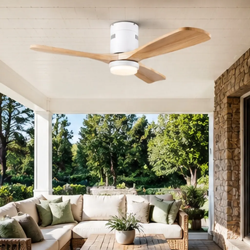 52 inch Low Profile Ceiling Fan with Light and Remote Control, Flush Mount, Reversible DC Motor, Dimmable 3CCT, Solid Wood Blades, Quiet, for Bedroom Living Room Indoor Outdoor Use, White+Natural Color Options, Solid Wood Material