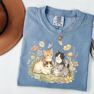 Comfort Colors Retro Kitten  TShirt , 90s Vintage Cute Cats Pullover, Boho Unisex Floral Cat Butterfly Graphic Crewneck, Retro Animal Tee
